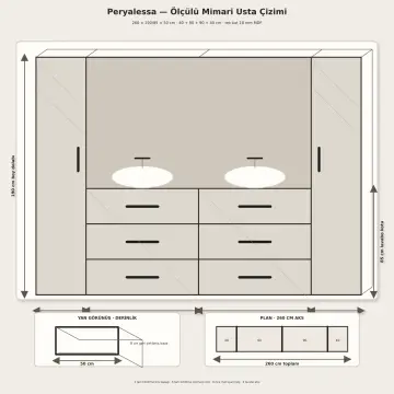 Peryalessa Lake Çift Lavabolu, İki Boy Dolaplı ve Altı Çekmeceli Banyo Dolabı 260 cm