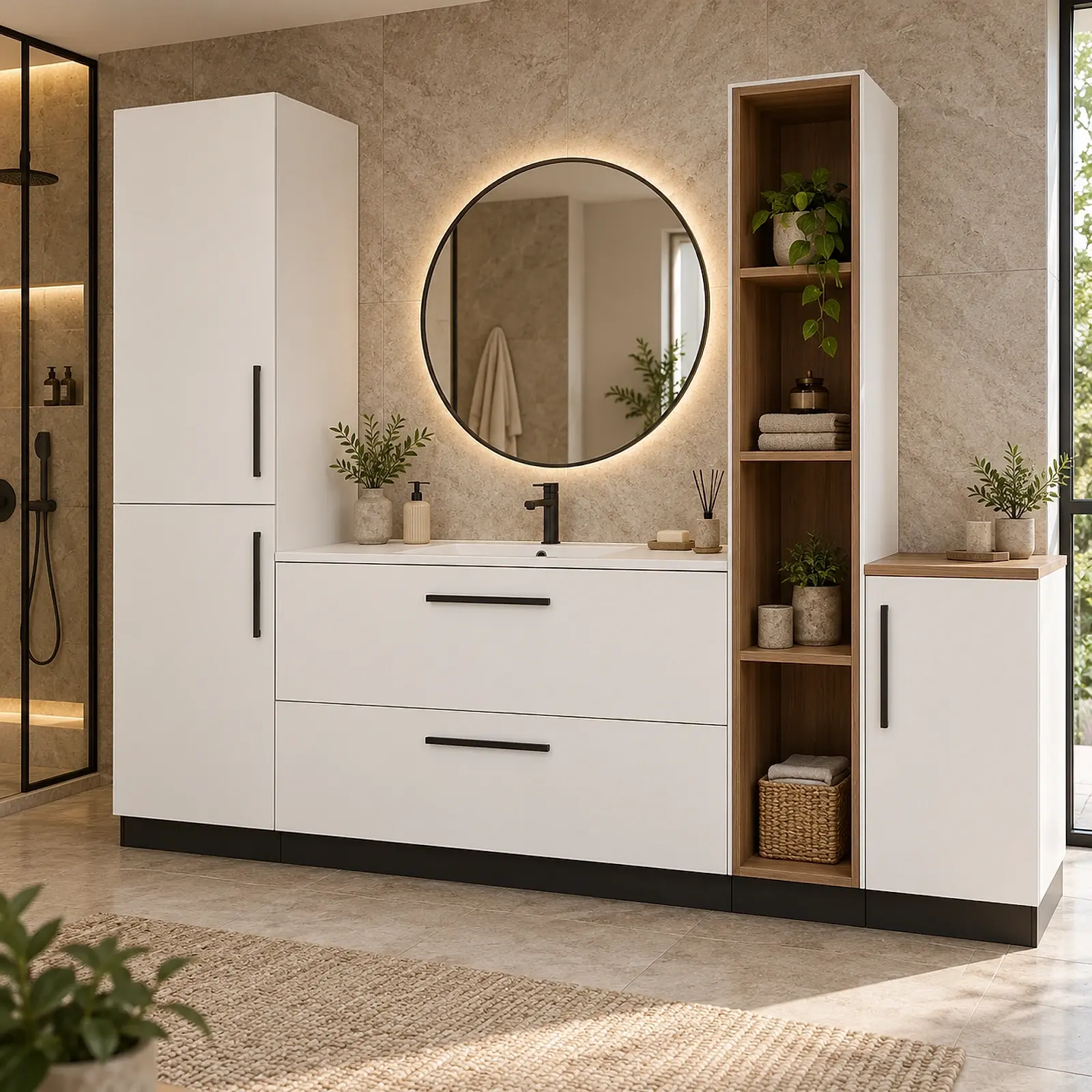 Relyavina Düz MDF Boy Dolaplı, İki Çekmeceli ve Dört Açık Gözlü Banyo Dolabı 250 cm