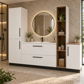 Relyavina Düz MDF Boy Dolaplı, İki Çekmeceli ve Dört Açık Gözlü Banyo Dolabı 250 cm