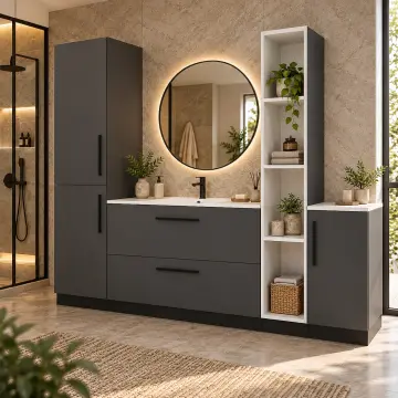 Relyavina Düz MDF Boy Dolaplı, İki Çekmeceli ve Dört Açık Gözlü Banyo Dolabı 250 cm