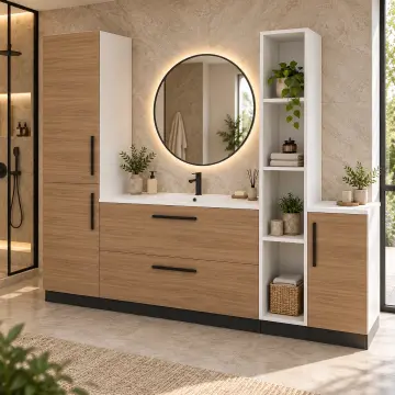 Relyavina Düz MDF Boy Dolaplı, İki Çekmeceli ve Dört Açık Gözlü Banyo Dolabı 250 cm