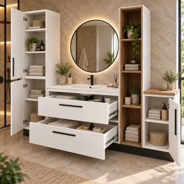 Relyavina Düz MDF Boy Dolaplı, İki Çekmeceli ve Dört Açık Gözlü Banyo Dolabı 250 cm