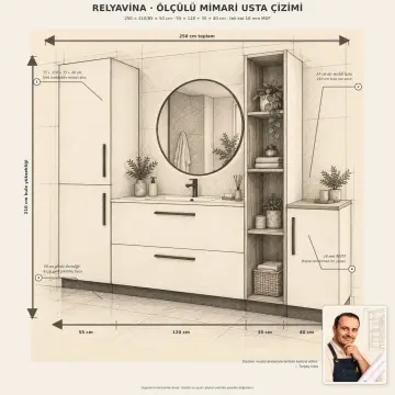 Relyavina Düz MDF Boy Dolaplı, İki Çekmeceli ve Dört Açık Gözlü Banyo Dolabı 250 cm