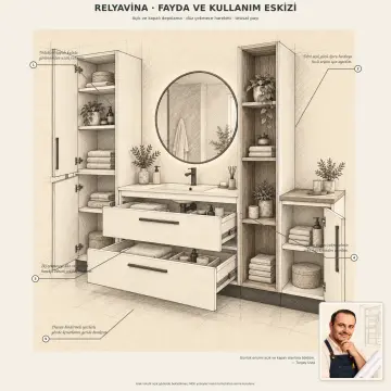 Relyavina Düz MDF Boy Dolaplı, İki Çekmeceli ve Dört Açık Gözlü Banyo Dolabı 250 cm