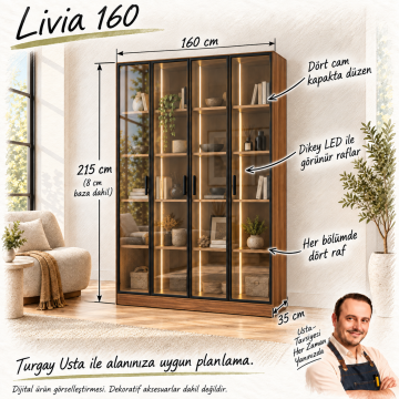 Livia 160 Ceviz Dört Reflekte Camlı Dikey LED Kitaplık