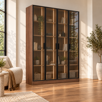 Livia 160 Ceviz Dört Reflekte Camlı Dikey LED Kitaplık
