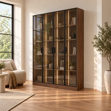 Livia 160 Ceviz Dört Reflekte Camlı Dikey LED Kitaplık