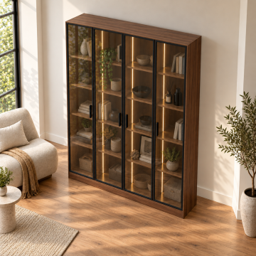 Livia 160 Ceviz Dört Reflekte Camlı Dikey LED Kitaplık
