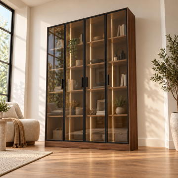 Livia 160 Ceviz Dört Reflekte Camlı Dikey LED Kitaplık