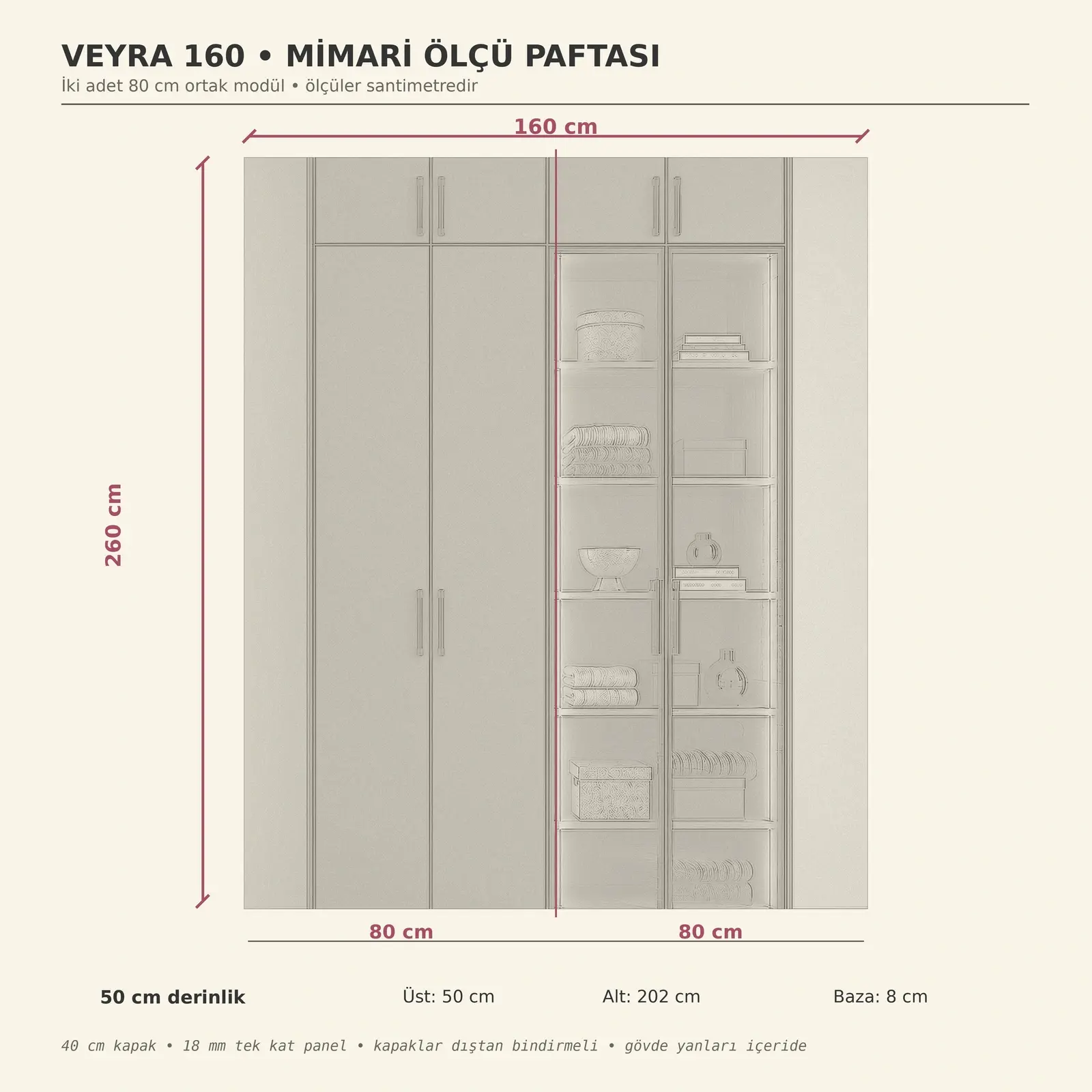 Veyra 160 Çift Askılıklı Reflekte LED’li MDF Gardırop Turgay Usta ölçülü eskiz Ölçüler dış gövde ölçüleridir. Görseldeki dekoratif ürünler fiyata dahil değildir.