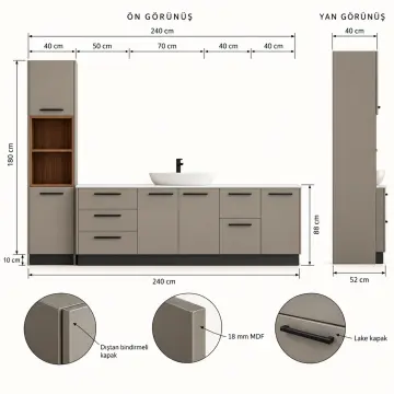Lirenvessa Lake Beş Çekmeceli Açık Raflı Servis Kuleli Banyo Dolabı 240 cm