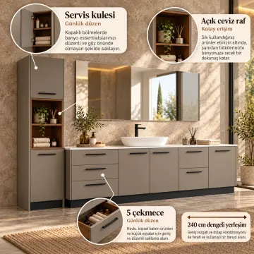 Lirenvessa Lake Beş Çekmeceli Açık Raflı Servis Kuleli Banyo Dolabı 240 cm