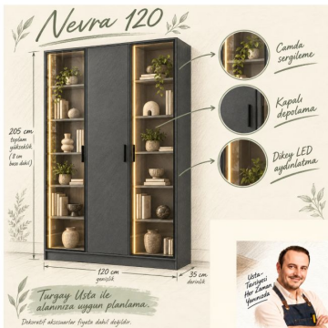 Nevra 120 Antrasit İki Reflekte Bir Kapaklı Dikey LED Kitaplık