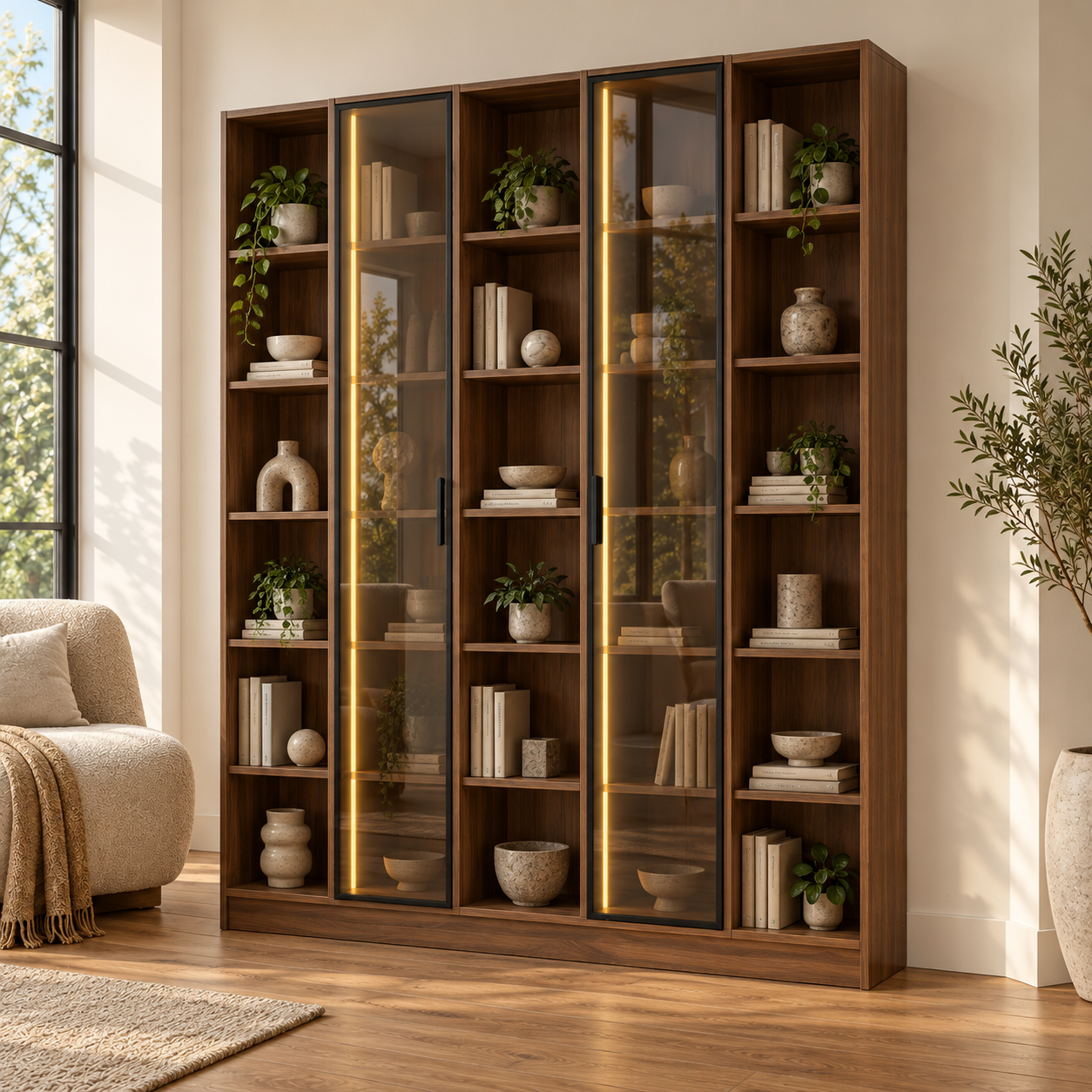 Tora 160 Ceviz İki Reflekte Camlı Üç Açık Raflı Dikey LED Kitaplık