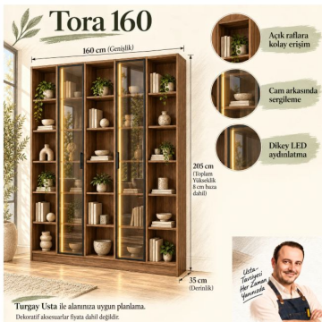 Tora 160 Ceviz İki Reflekte Camlı Üç Açık Raflı Dikey LED Kitaplık