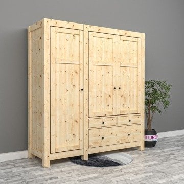 3 Kapılı Doğal Ahşap Gardrop