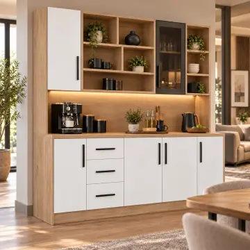 Seravyona 190 cm Beş Gözlü Köprü Nişli Tek Reflekte Camlı Üç Çekmeceli Düz MDF Kahve Köşesi