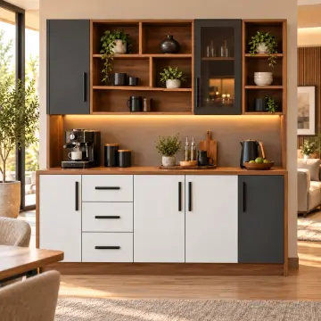 Seravyona 190 cm Beş Gözlü Köprü Nişli Tek Reflekte Camlı Üç Çekmeceli Düz MDF Kahve Köşesi