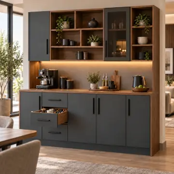 Seravyona 190 cm Beş Gözlü Köprü Nişli Tek Reflekte Camlı Üç Çekmeceli Düz MDF Kahve Köşesi