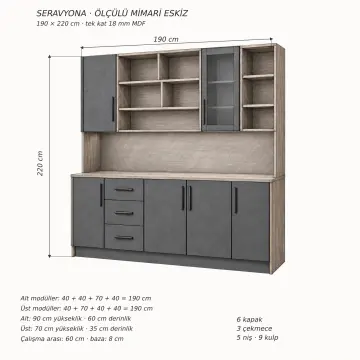 Seravyona 190 cm Beş Gözlü Köprü Nişli Tek Reflekte Camlı Üç Çekmeceli Düz MDF Kahve Köşesi