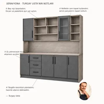 Seravyona 190 cm Beş Gözlü Köprü Nişli Tek Reflekte Camlı Üç Çekmeceli Düz MDF Kahve Köşesi