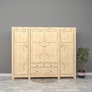 4 Kapılı Doğal Ahşap Gardrop