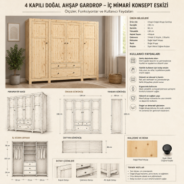 4 Kapılı Doğal Ahşap Gardrop