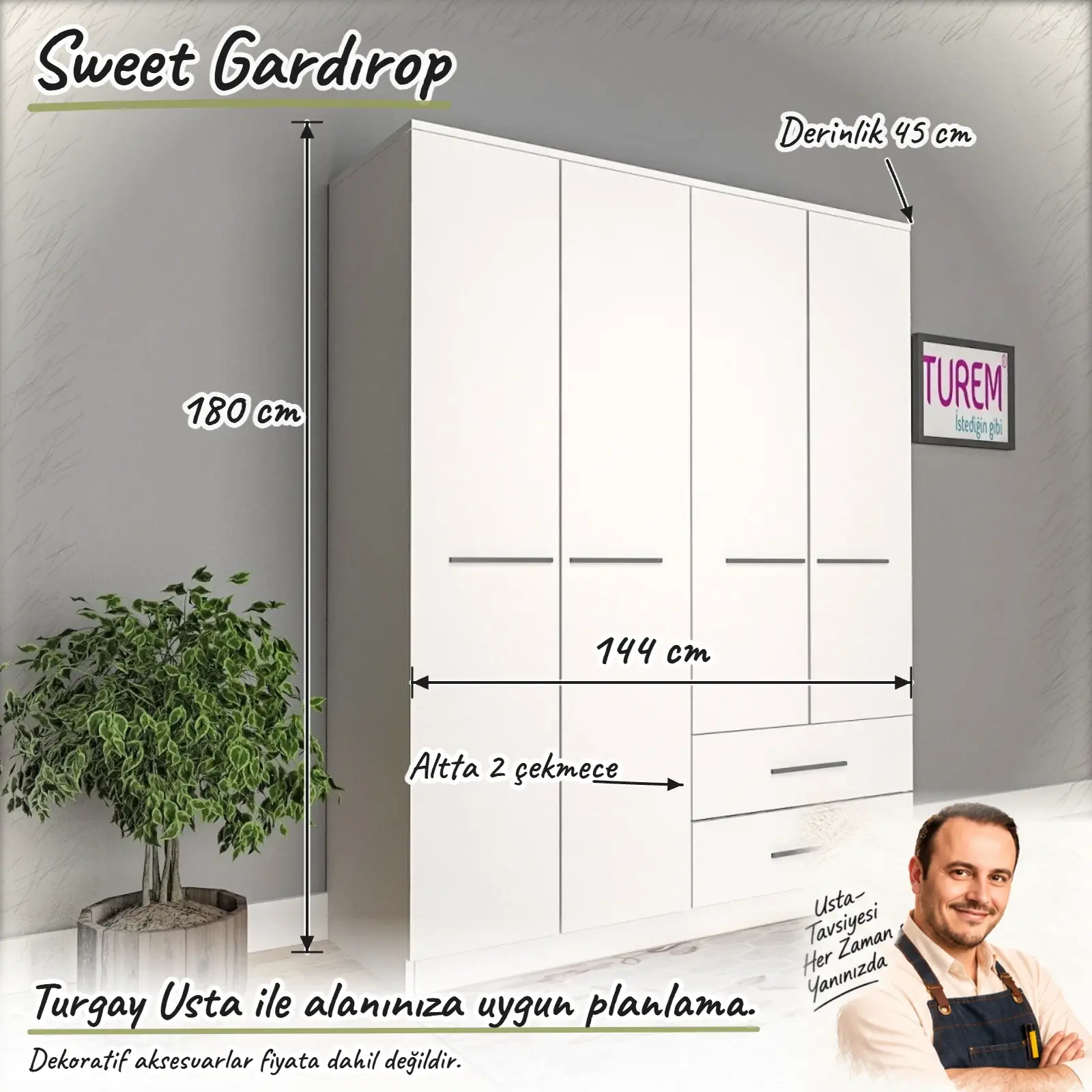 Sweet Gardırop Turgay Usta ölçülü eskiz Ölçüler dıştan, yaklaşık değerlerdir; özel ölçü talebinizi WhatsApp’tan iletebilirsiniz.