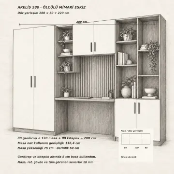 Arelis 280 Asimetrik Raflı Kitaplıklı Gardıroplu Çalışma Masası