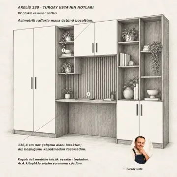Arelis 280 Asimetrik Raflı Kitaplıklı Gardıroplu Çalışma Masası