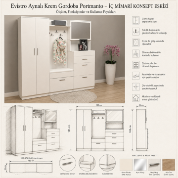 Evistro Aynalı Krem Gordoba Portmanto
