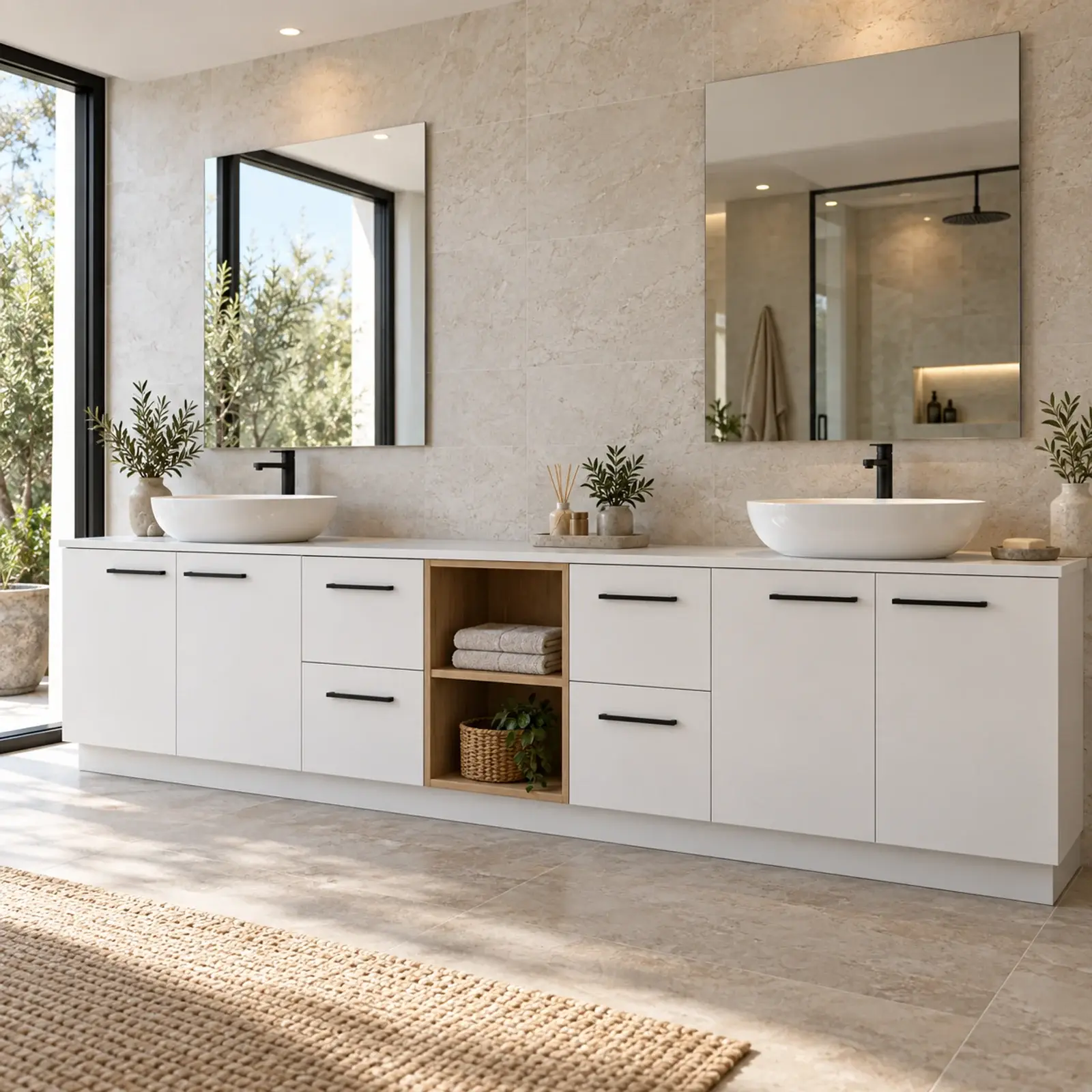 Mirelvona Düz MDF Çift Lavabolu Dört Çekmeceli Orta Açık Havlu Nişli Banyo Dolabı 260 cm