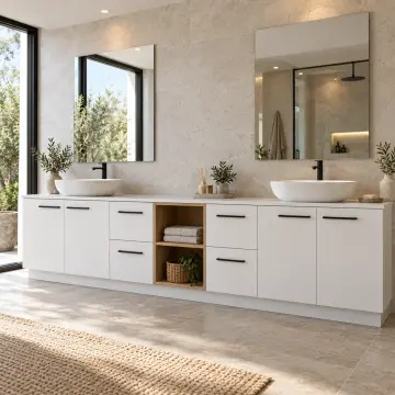 Mirelvona Düz MDF Çift Lavabolu Dört Çekmeceli Orta Açık Havlu Nişli Banyo Dolabı 260 cm
