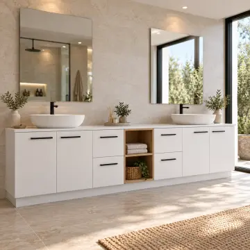 Mirelvona Düz MDF Çift Lavabolu Dört Çekmeceli Orta Açık Havlu Nişli Banyo Dolabı 260 cm