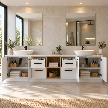 Mirelvona Düz MDF Çift Lavabolu Dört Çekmeceli Orta Açık Havlu Nişli Banyo Dolabı 260 cm