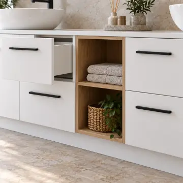 Mirelvona Düz MDF Çift Lavabolu Dört Çekmeceli Orta Açık Havlu Nişli Banyo Dolabı 260 cm