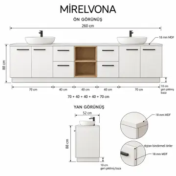 Mirelvona Düz MDF Çift Lavabolu Dört Çekmeceli Orta Açık Havlu Nişli Banyo Dolabı 260 cm