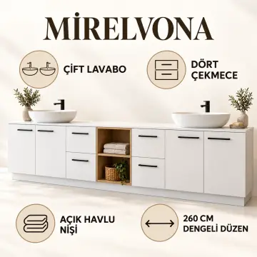 Mirelvona Düz MDF Çift Lavabolu Dört Çekmeceli Orta Açık Havlu Nişli Banyo Dolabı 260 cm