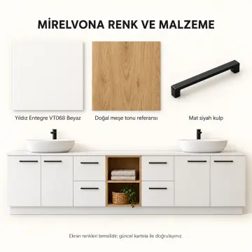Mirelvona Düz MDF Çift Lavabolu Dört Çekmeceli Orta Açık Havlu Nişli Banyo Dolabı 260 cm