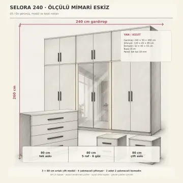 Selora 240 Reflekte LED’li MDF Gardırop Şifonyer Komodin Seti
