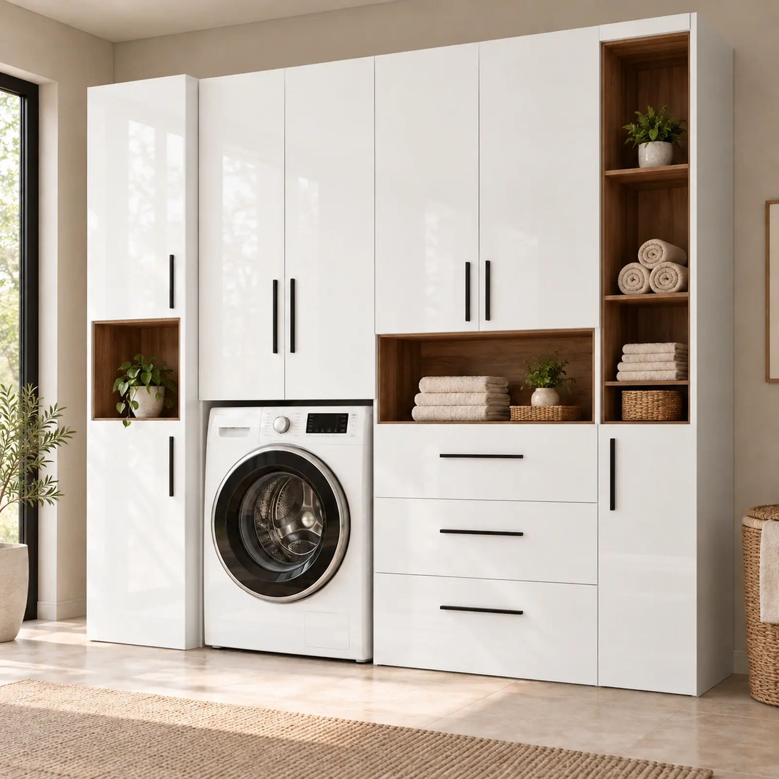 Uryavessa High Gloss Tek Makineli, Üç Çekmeceli ve Açık Havlu Kuleli Dolap 250 cm
