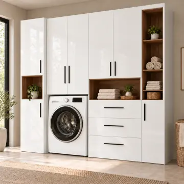 Uryavessa High Gloss Tek Makineli, Üç Çekmeceli ve Açık Havlu Kuleli Dolap 250 cm