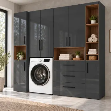 Uryavessa High Gloss Tek Makineli, Üç Çekmeceli ve Açık Havlu Kuleli Dolap 250 cm