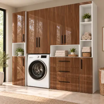 Uryavessa High Gloss Tek Makineli, Üç Çekmeceli ve Açık Havlu Kuleli Dolap 250 cm