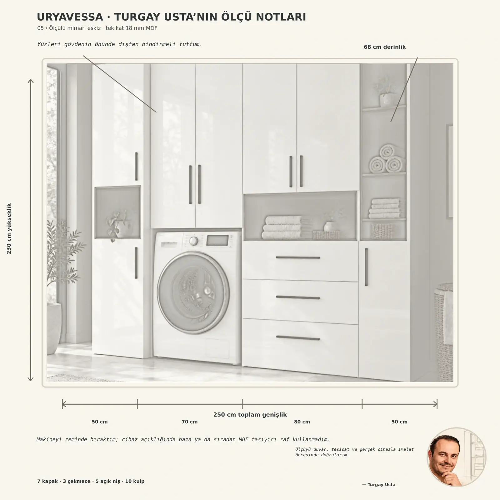 Uryavessa High Gloss Tek Makineli, Üç Çekmeceli ve Açık Havlu Kuleli Dolap 250 cm Turgay Usta ölçülü eskiz