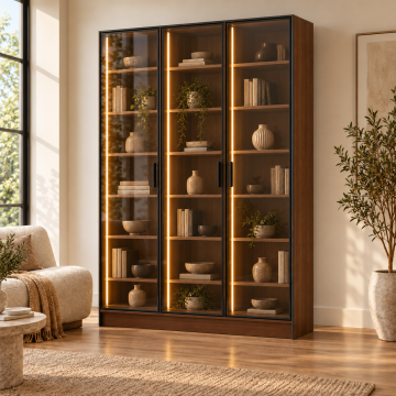 Elara 120 Ceviz Üç Reflekte Camlı Taç Raflı Dikey LED Kitaplık