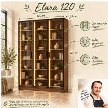 Elara 120 Ceviz Üç Reflekte Camlı Taç Raflı Dikey LED Kitaplık