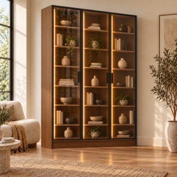 Elara 120 Ceviz Üç Reflekte Camlı Taç Raflı Dikey LED Kitaplık