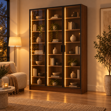 Elara 120 Ceviz Üç Reflekte Camlı Taç Raflı Dikey LED Kitaplık