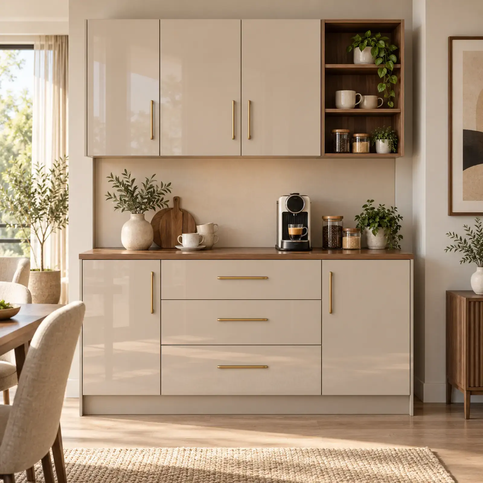 Elvoria 155 cm Asimetrik Yan Raflı High Gloss Kahve Köşesi